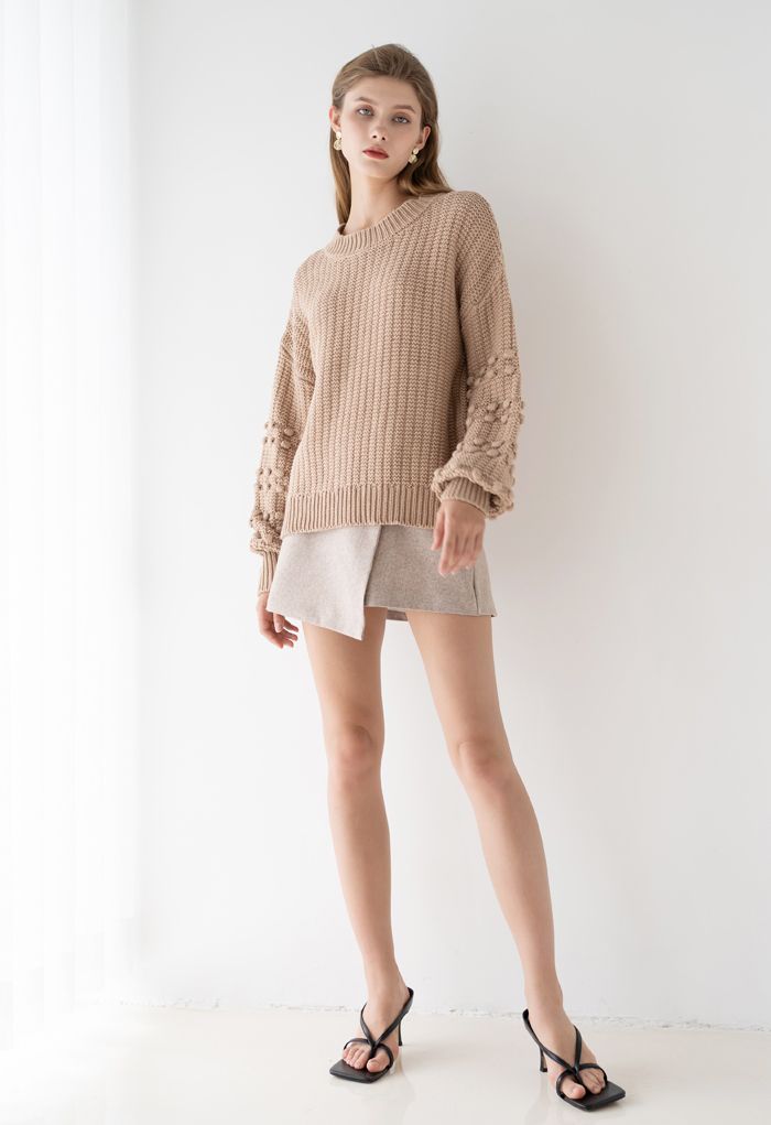 Bubble-Sleeve with Pom-Pom Detail Sweater in Tan