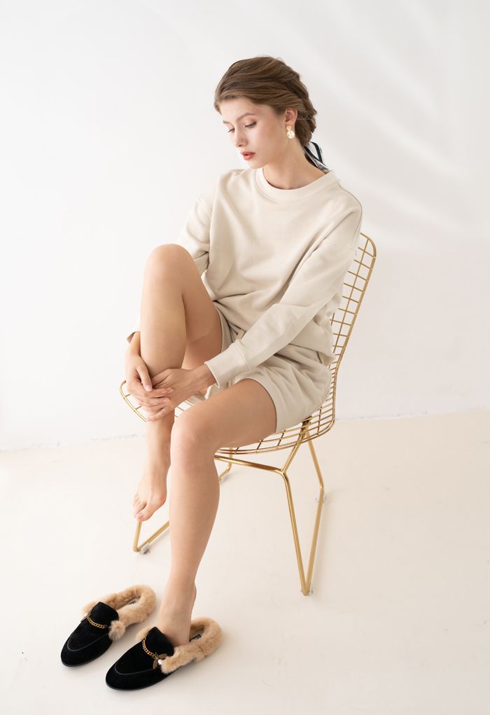 Round Neck Sweatshirt and Drawstring Shorts Set in Cream
