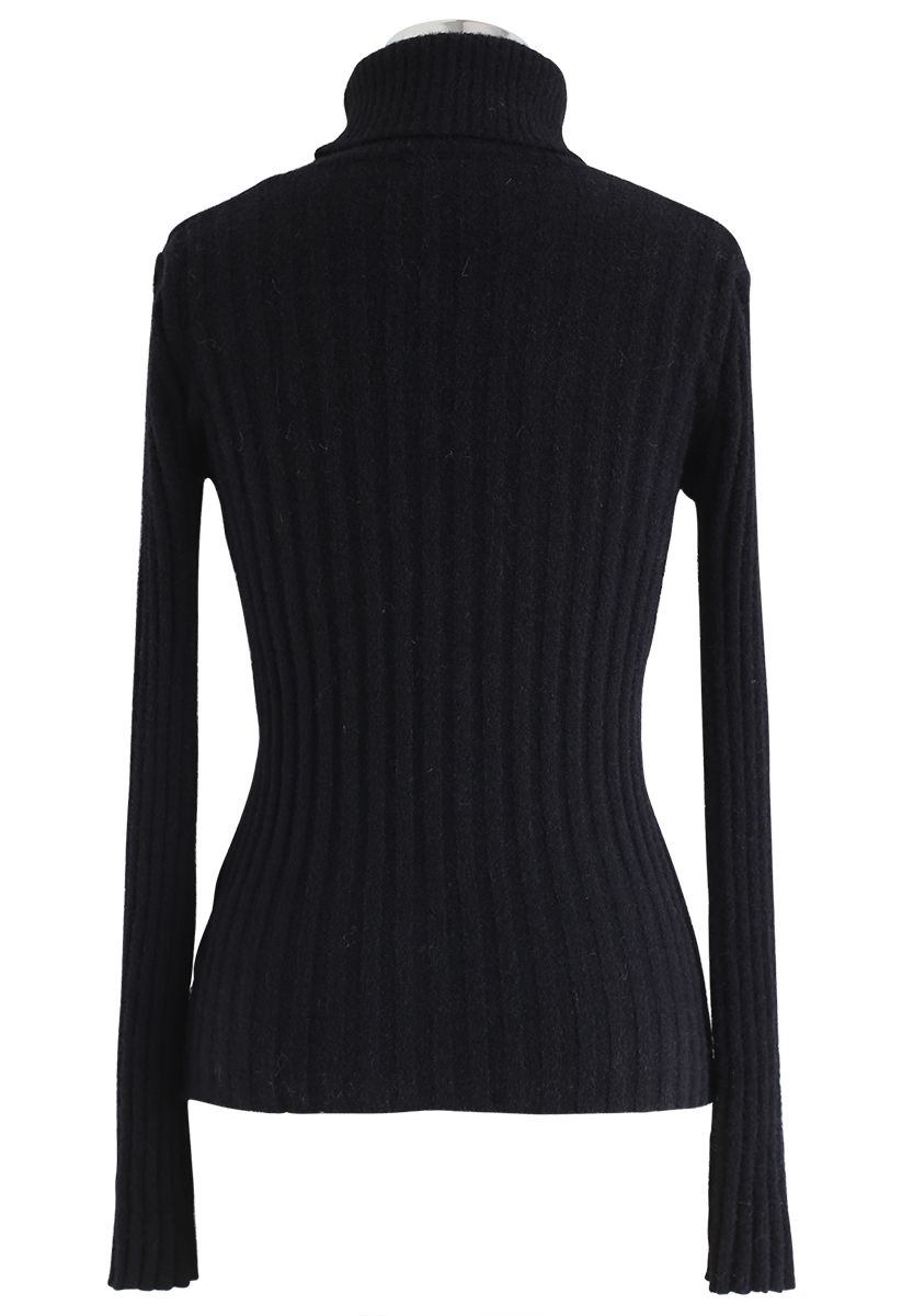 Fitted Turtleneck Fluffy Knit Sweater in Black