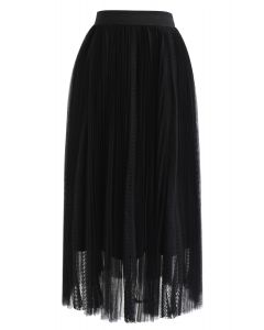 Falda midi plisada de encaje de malla exquisita en negro