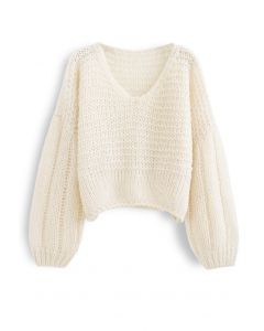 Suéter corto calado de punto esponjoso en marfil