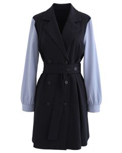 Contrast Color Double-Breasted Chiffon Trench Coat in Navy