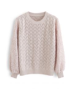 3D Flower Lace Sleeves Eyelet Knit Sweater in Dusty Pink