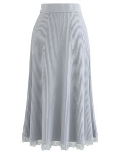 A-Line Lace Hem Knit Skirt in Dusty Blue