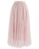 Falda midi de tul de malla con encaje de girasol en rosa