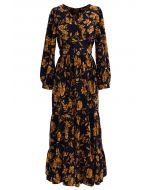 Floral Print Wrap Ruffle Maxi Dress in Navy