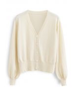 V-Neck Button Down Ribbed Knit Cardigan in Cream