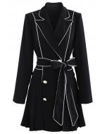 Piped Double-Breasted Pleated Blazer Dress in Black